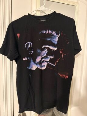 Black Graphic Frankenstein T-Shirt with Cigarette Motif